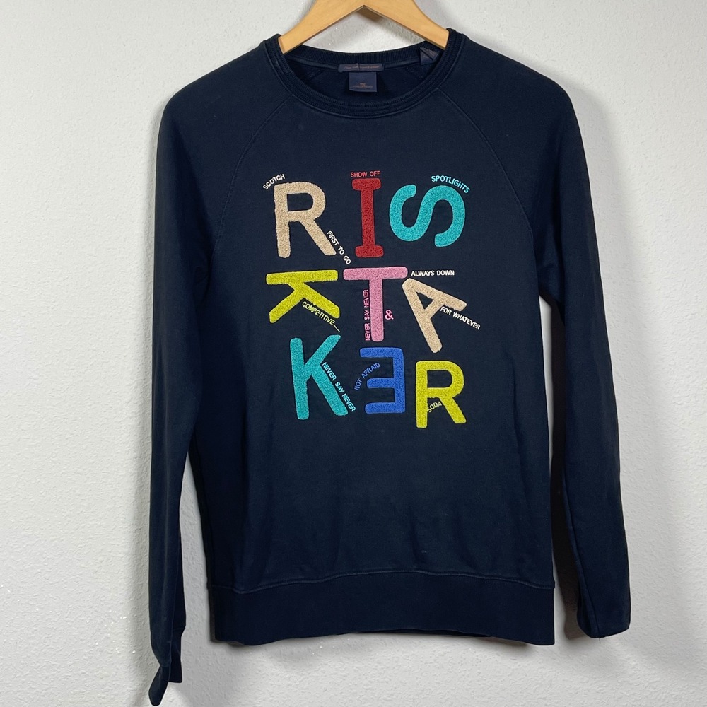 Scotch & Soda Risk Taker Sweatshirt Mens S Black Graphic Cotton Raglan Pullover